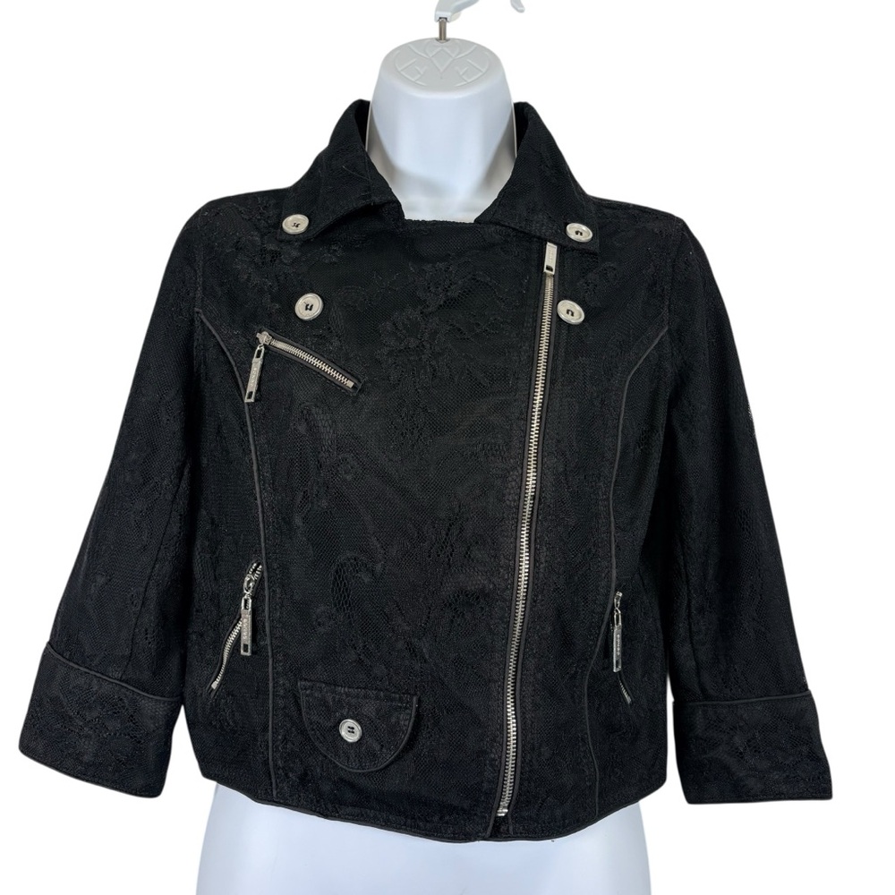 Bongo Lace Overlay Moto Jacket Black Cropped Zip Front Small Chico Edgy